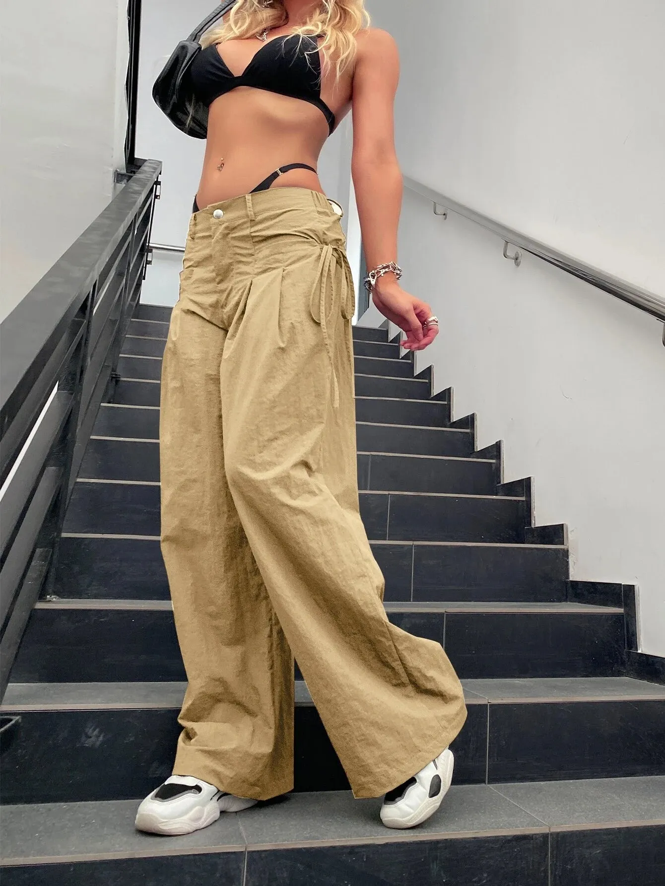 Tie Side Parachute Wide Leg Cargo Pants
