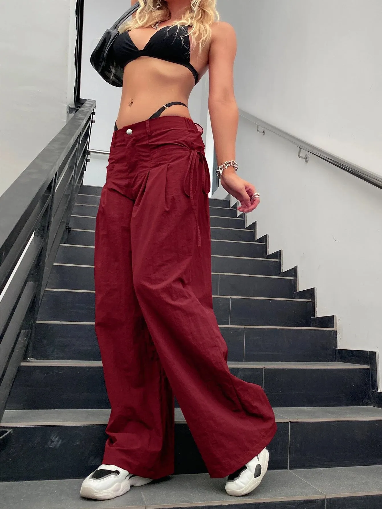 Tie Side Parachute Wide Leg Cargo Pants