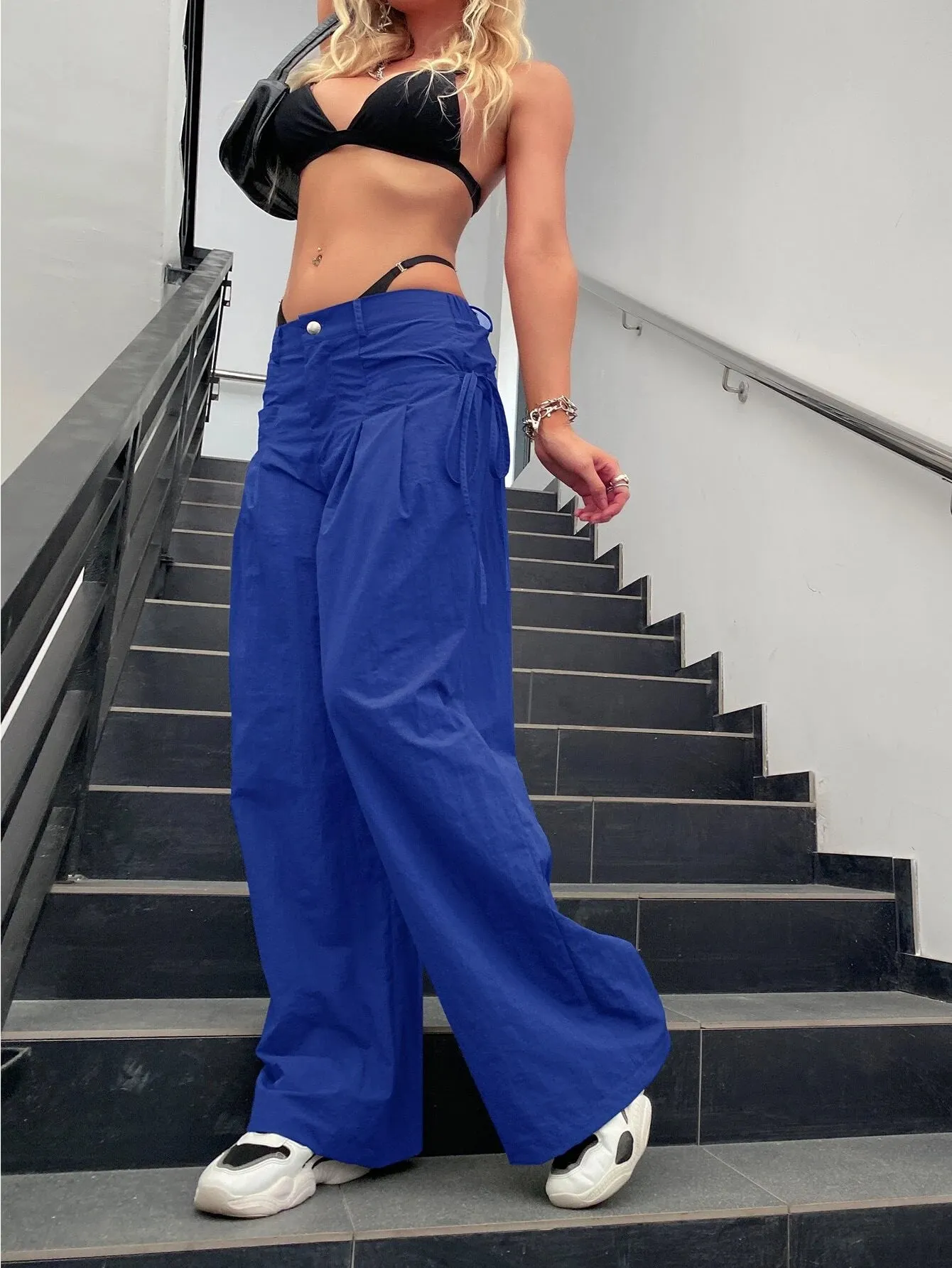 Tie Side Parachute Wide Leg Cargo Pants