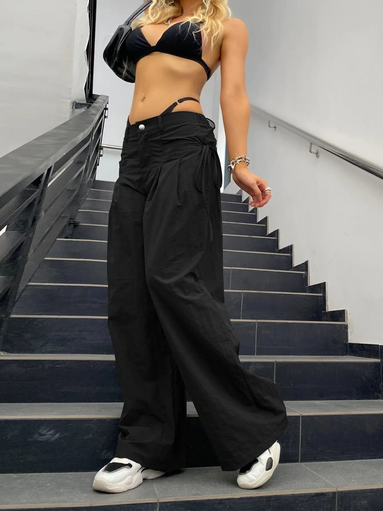 Tie Side Parachute Wide Leg Cargo Pants