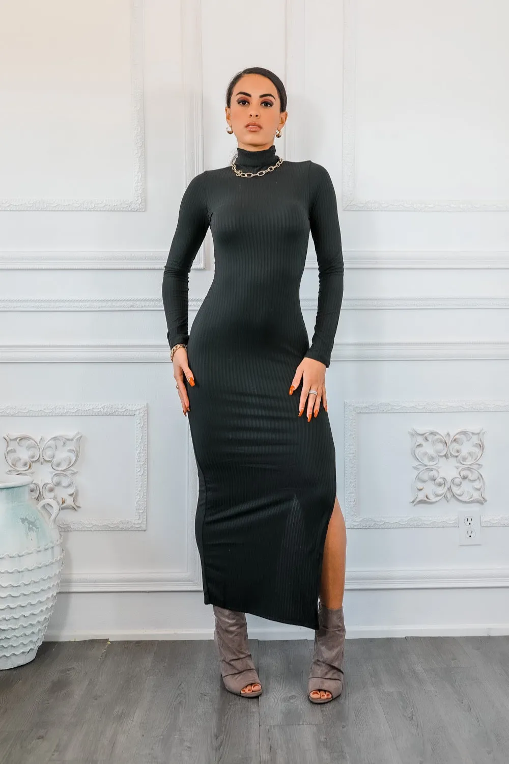 Turtle Neck Maxi Rib Dress With Side Slit