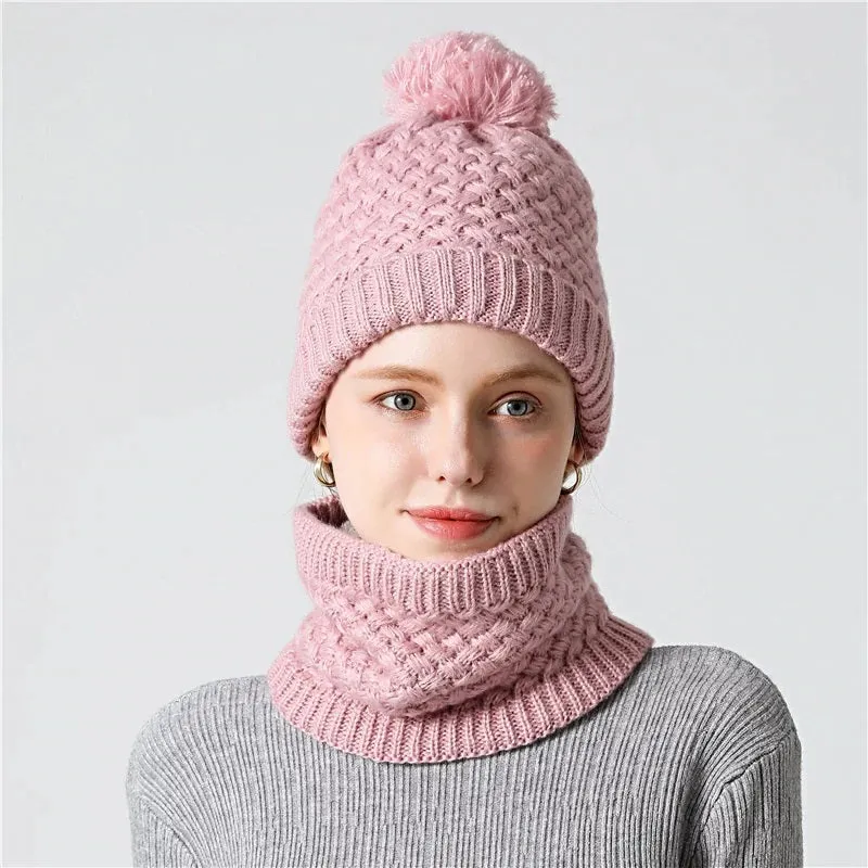 Unisex Winter Solid Knitted Slouchy Snood Hat Beanie with Neck Scarf Set