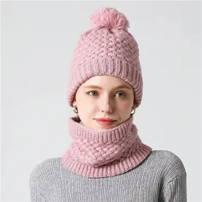 Unisex Winter Solid Knitted Slouchy Snood Hat Beanie with Neck Scarf Set