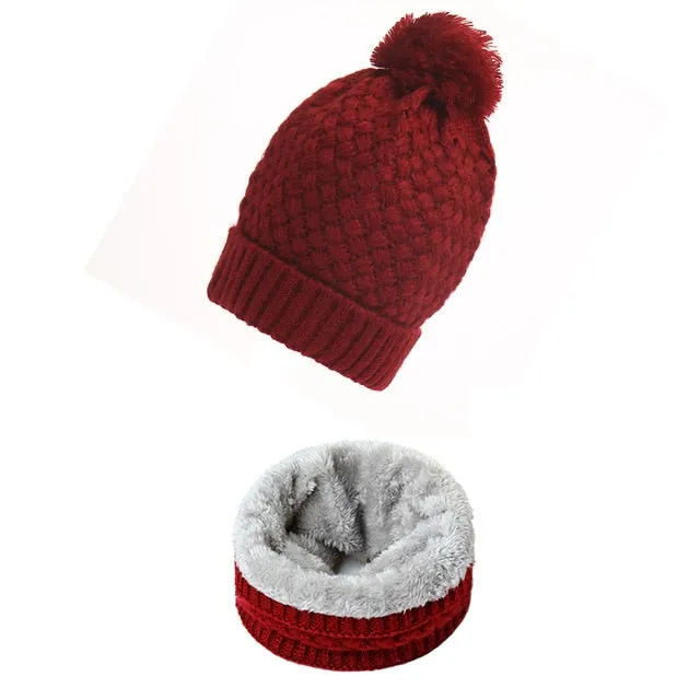 Unisex Winter Solid Knitted Slouchy Snood Hat Beanie with Neck Scarf Set