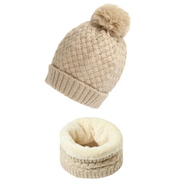 Unisex Winter Solid Knitted Slouchy Snood Hat Beanie with Neck Scarf Set