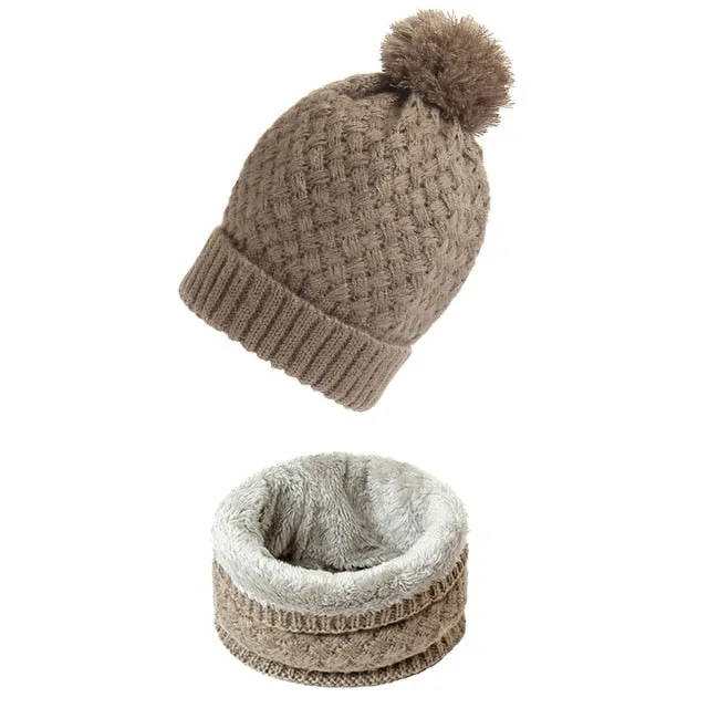 Unisex Winter Solid Knitted Slouchy Snood Hat Beanie with Neck Scarf Set