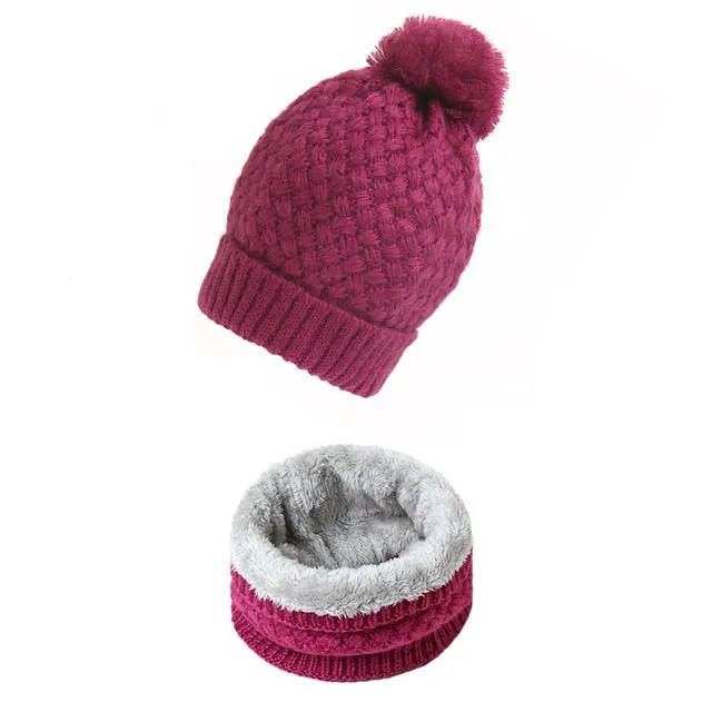 Unisex Winter Solid Knitted Slouchy Snood Hat Beanie with Neck Scarf Set