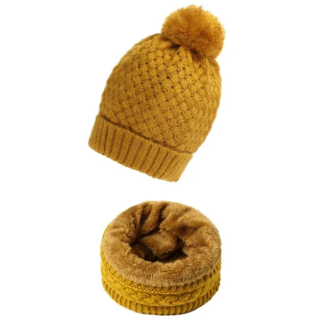 Unisex Winter Solid Knitted Slouchy Snood Hat Beanie with Neck Scarf Set