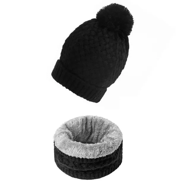 Unisex Winter Solid Knitted Slouchy Snood Hat Beanie with Neck Scarf Set