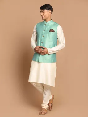 VASTRAMAY Men's Green Jacquard Nehru Jacket with Kurta Pyjama Set