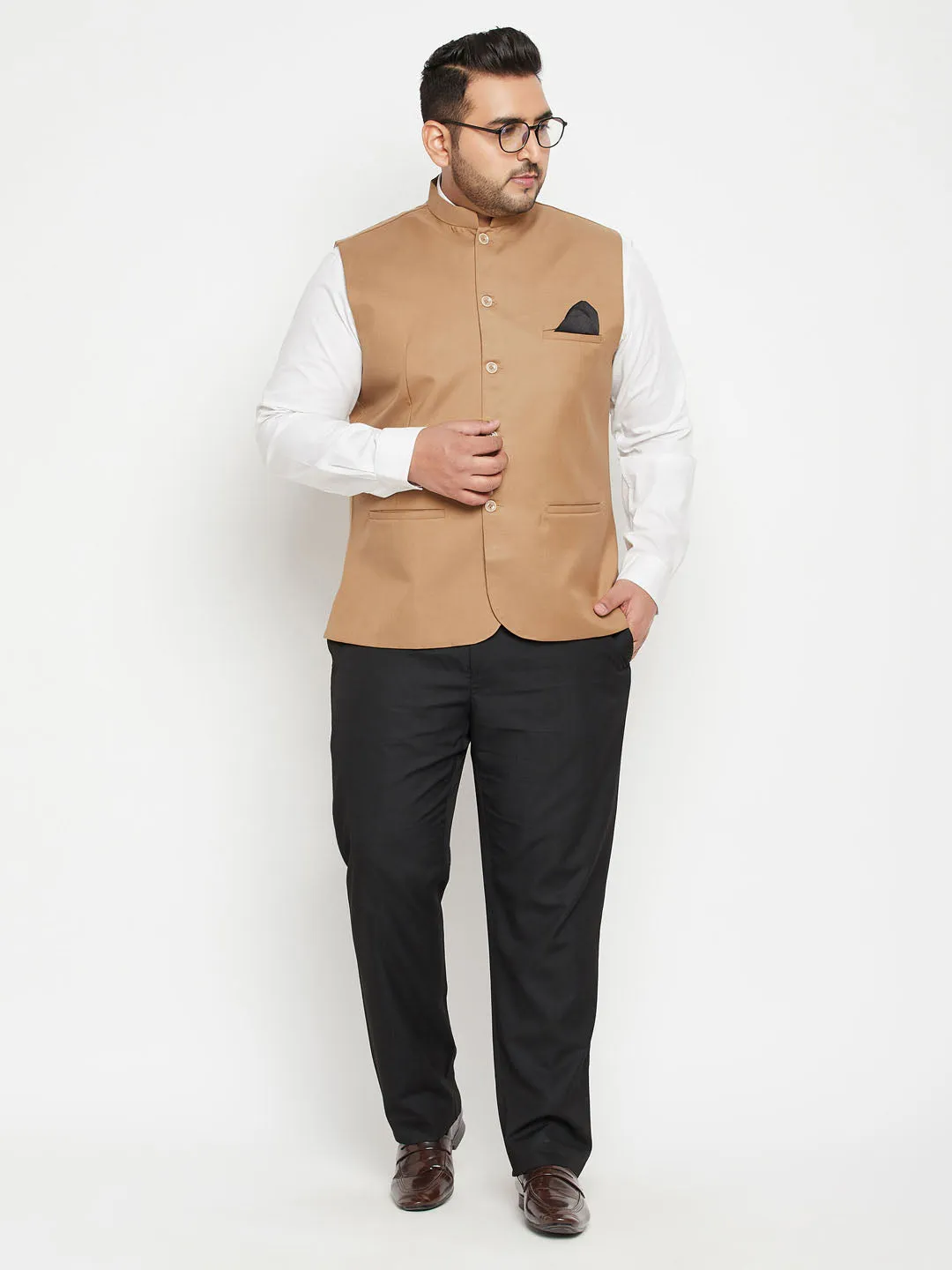 VASTRAMAY Men's Plus Size Chiku Brown Cotton Blend Nehru Jacket