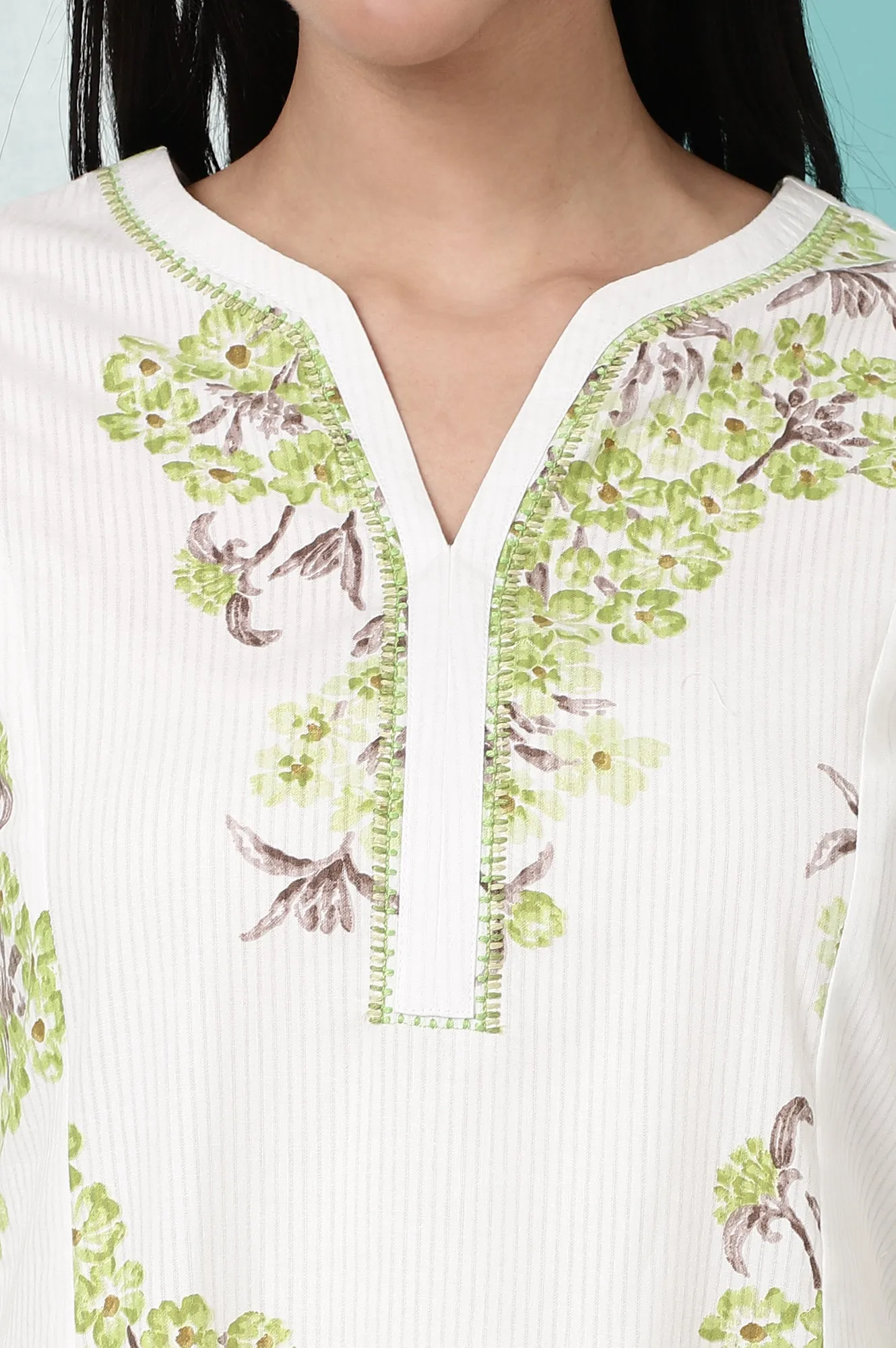 White and Green Pure Cotton Flared Kurta and Pants Co-ord Set