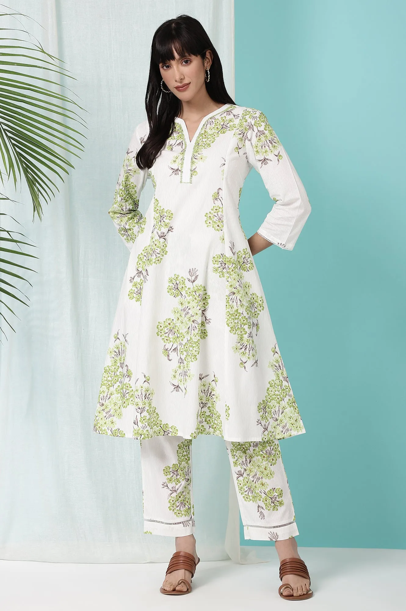 White and Green Pure Cotton Flared Kurta and Pants Co-ord Set