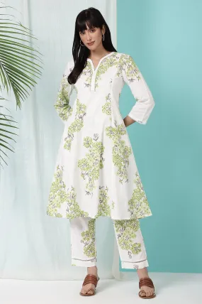 White and Green Pure Cotton Flared Kurta and Pants Co-ord Set