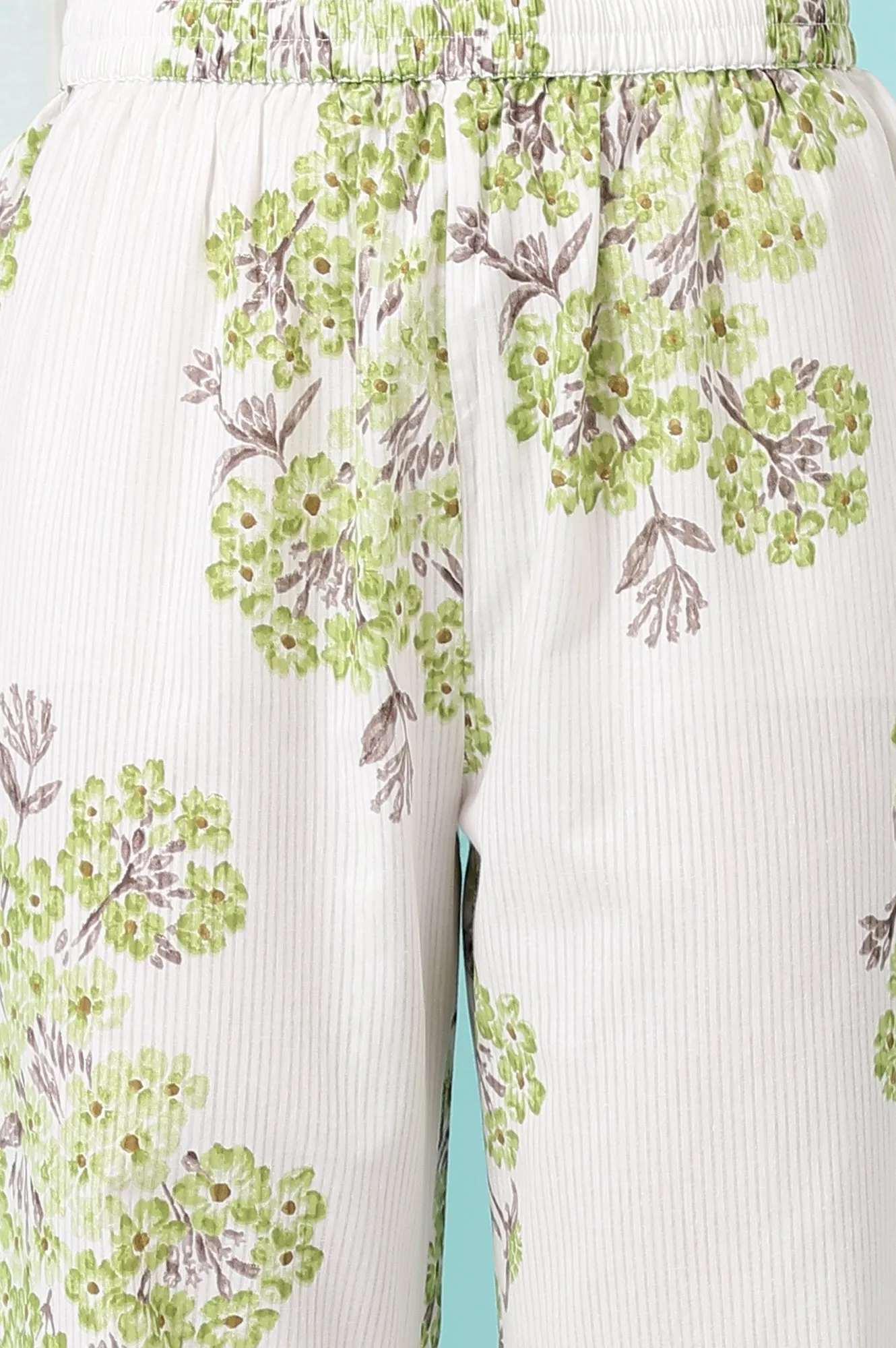 White and Green Pure Cotton Flared Kurta and Pants Co-ord Set
