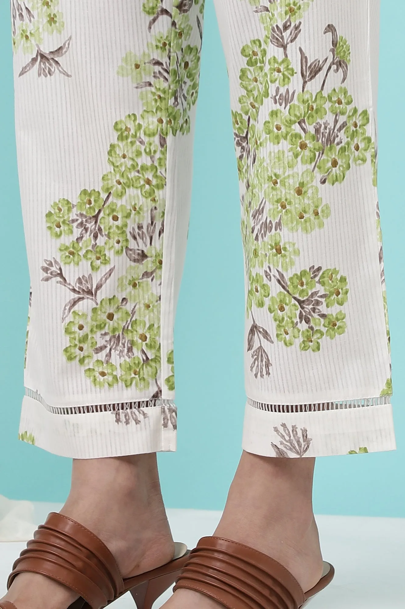 White and Green Pure Cotton Flared Kurta and Pants Co-ord Set