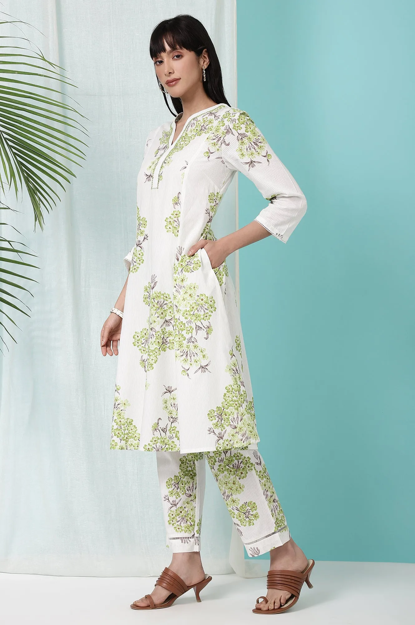 White and Green Pure Cotton Flared Kurta and Pants Co-ord Set