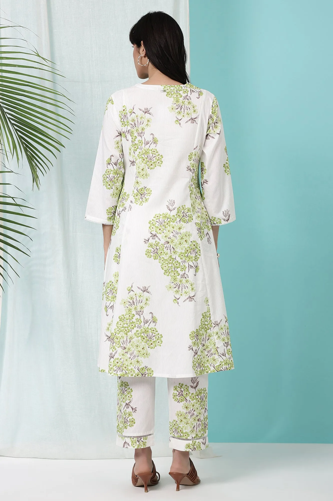 White and Green Pure Cotton Flared Kurta and Pants Co-ord Set