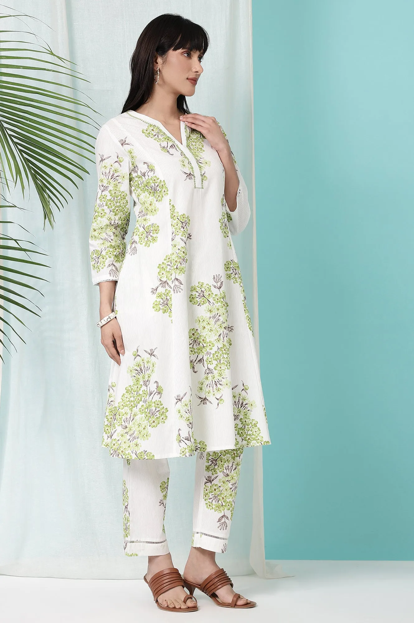 White and Green Pure Cotton Flared Kurta and Pants Co-ord Set