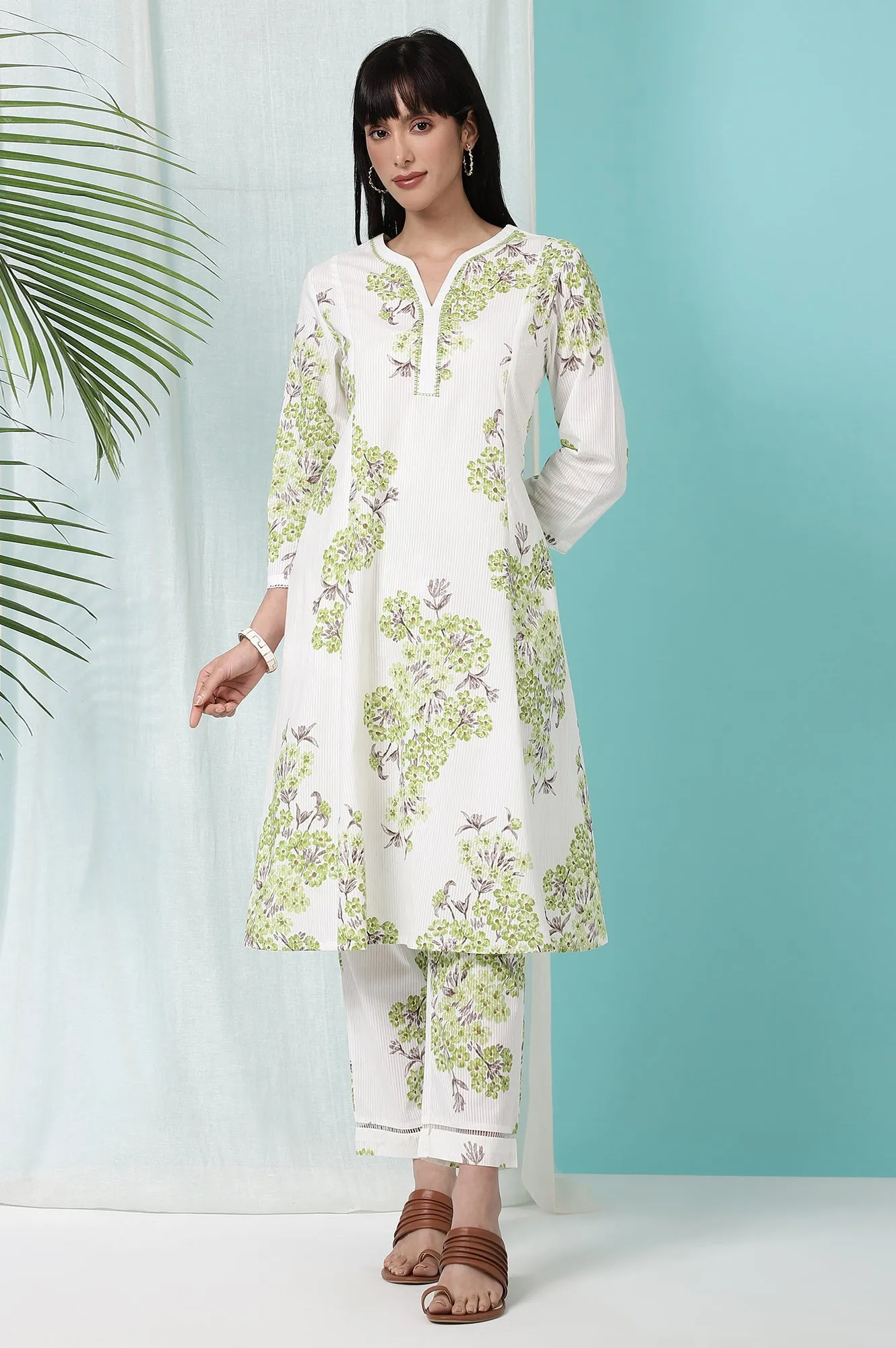 White and Green Pure Cotton Flared Kurta and Pants Co-ord Set