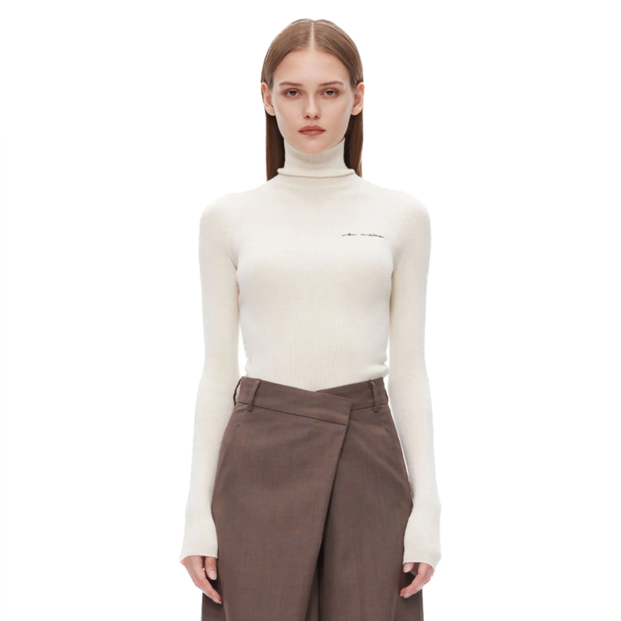 White Pullover Half-turtleneck Knit T-shirt