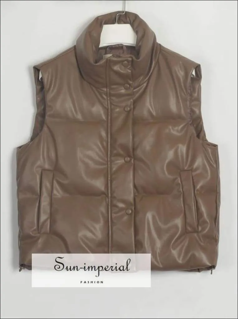 Women Brown Warm Sleeveless Puff Pu Leather Vest with Turtleneck Zipper and Buttons detail