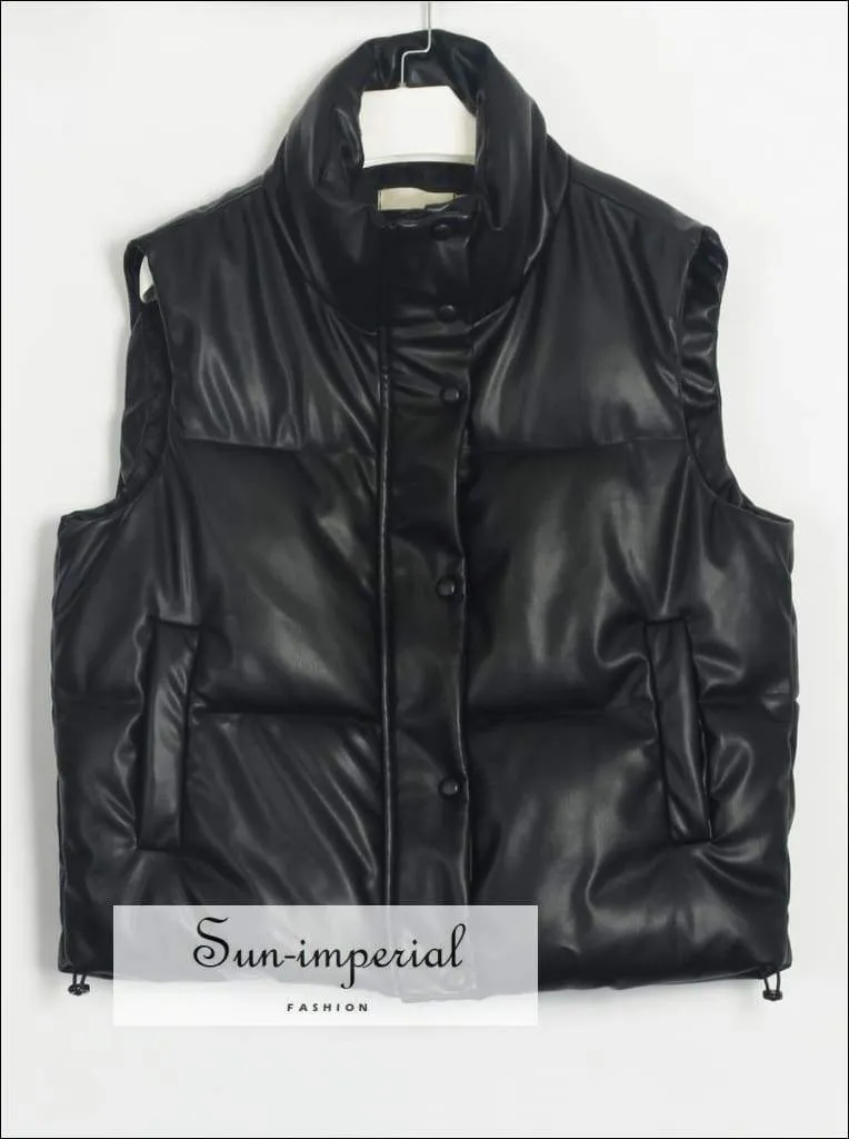 Women Brown Warm Sleeveless Puff Pu Leather Vest with Turtleneck Zipper and Buttons detail