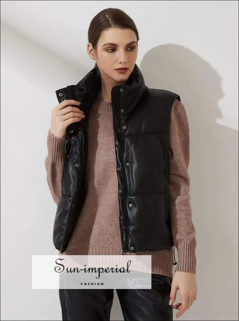Women Brown Warm Sleeveless Puff Pu Leather Vest with Turtleneck Zipper and Buttons detail