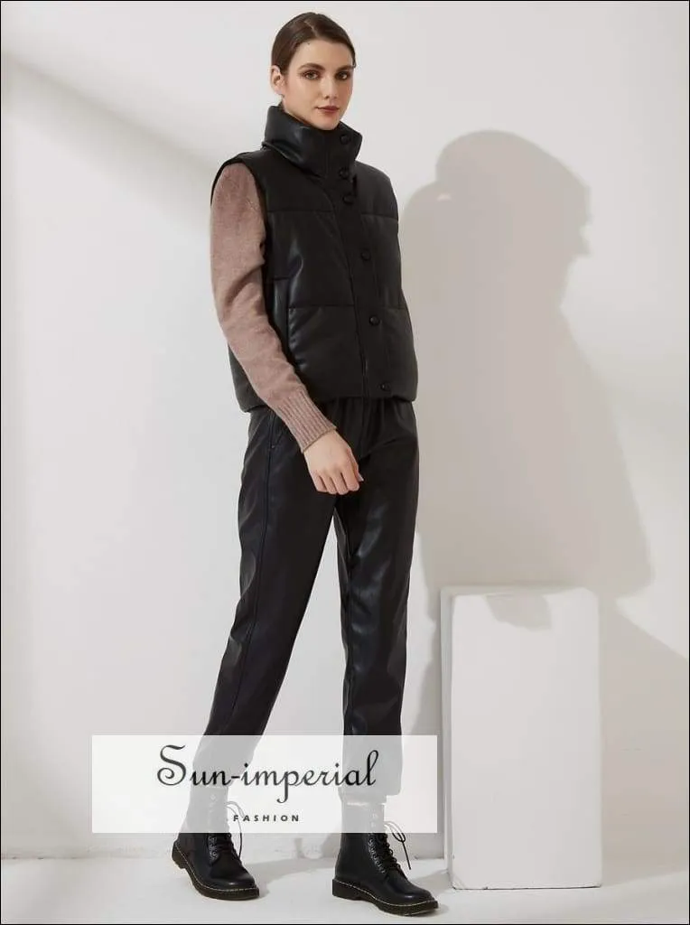Women Brown Warm Sleeveless Puff Pu Leather Vest with Turtleneck Zipper and Buttons detail