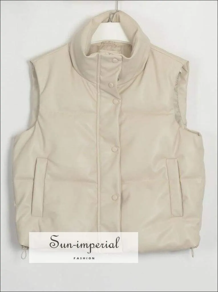 Women Brown Warm Sleeveless Puff Pu Leather Vest with Turtleneck Zipper and Buttons detail