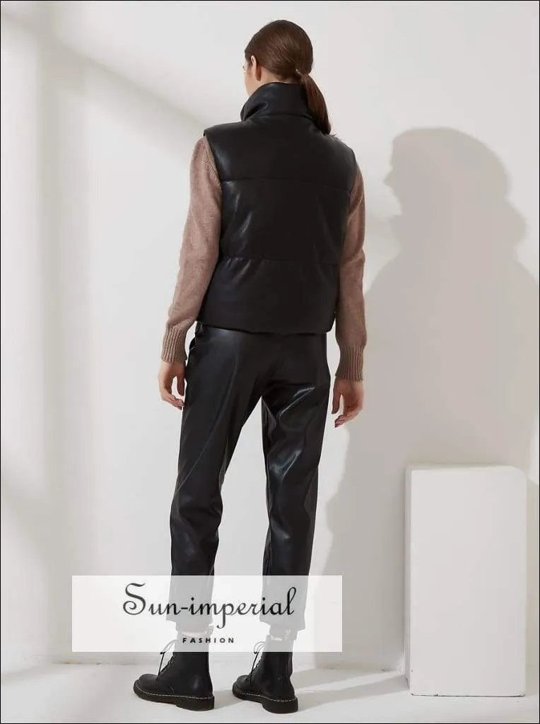 Women Brown Warm Sleeveless Puff Pu Leather Vest with Turtleneck Zipper and Buttons detail