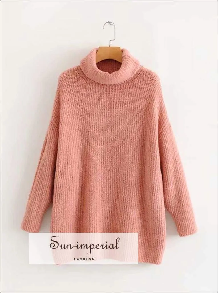 Women Dark Blue Oversized Turtleneck Loose Pullovers Jumper Soft Warm Sweater