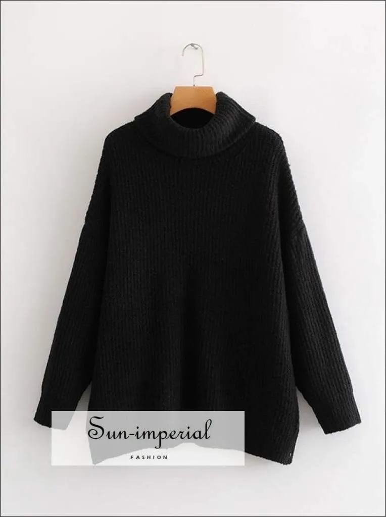 Women Dark Blue Oversized Turtleneck Loose Pullovers Jumper Soft Warm Sweater
