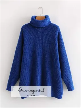 Women Dark Blue Oversized Turtleneck Loose Pullovers Jumper Soft Warm Sweater