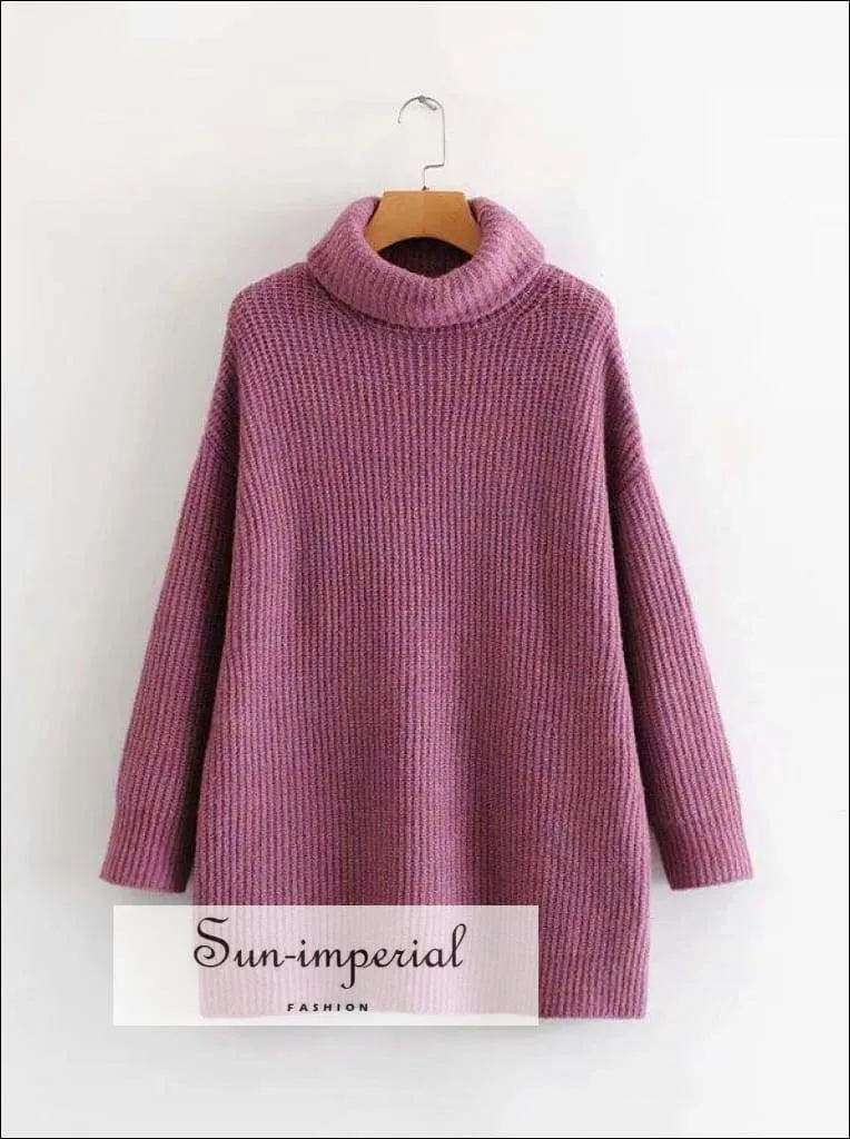 Women Dark Blue Oversized Turtleneck Loose Pullovers Jumper Soft Warm Sweater