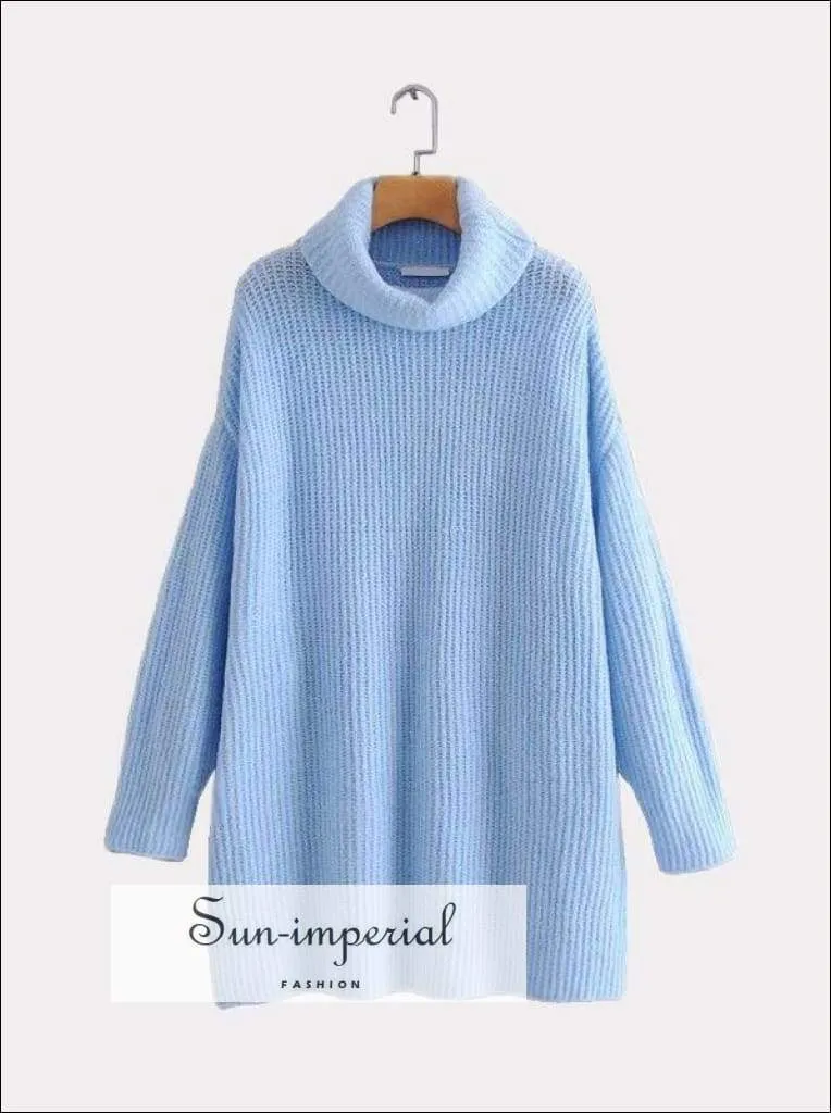 Women Dark Blue Oversized Turtleneck Loose Pullovers Jumper Soft Warm Sweater