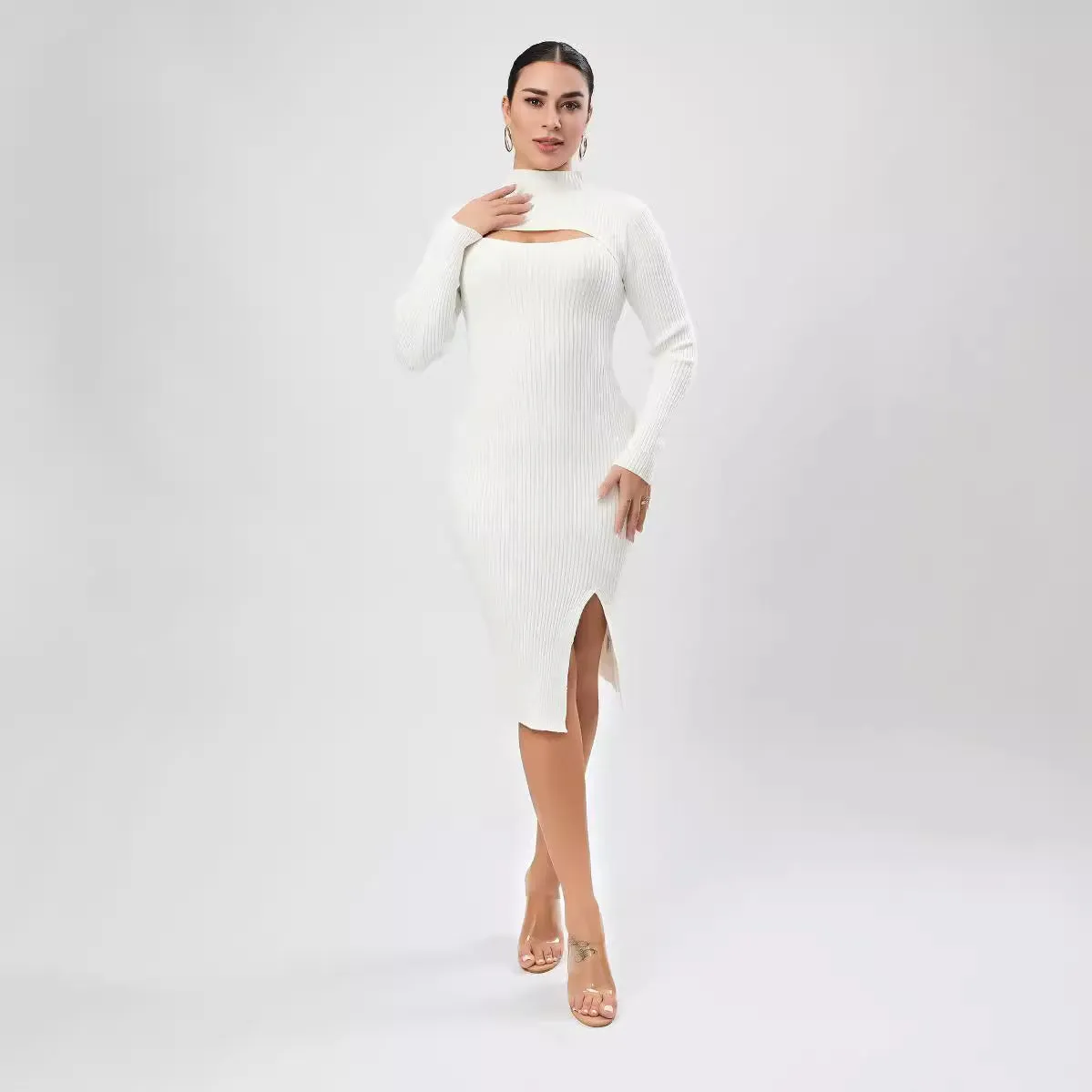 Women Half Turtleneck Long Sleeve Cutout Sweater Dress