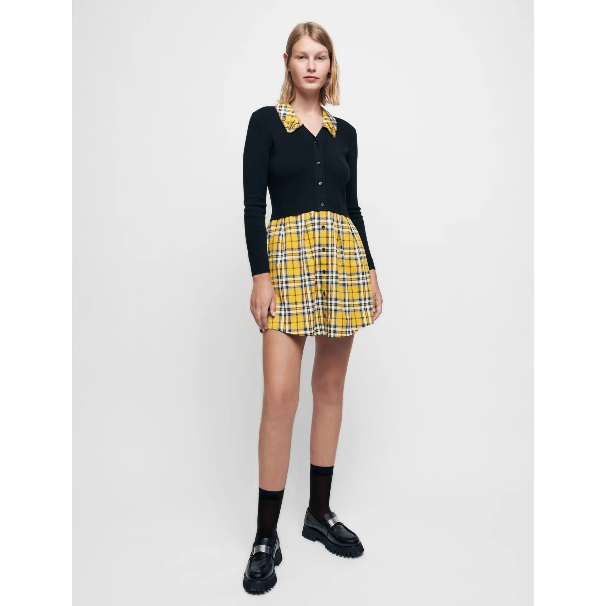 Women Trompe-L’Oeil Tartan-Style Dress - Yellow