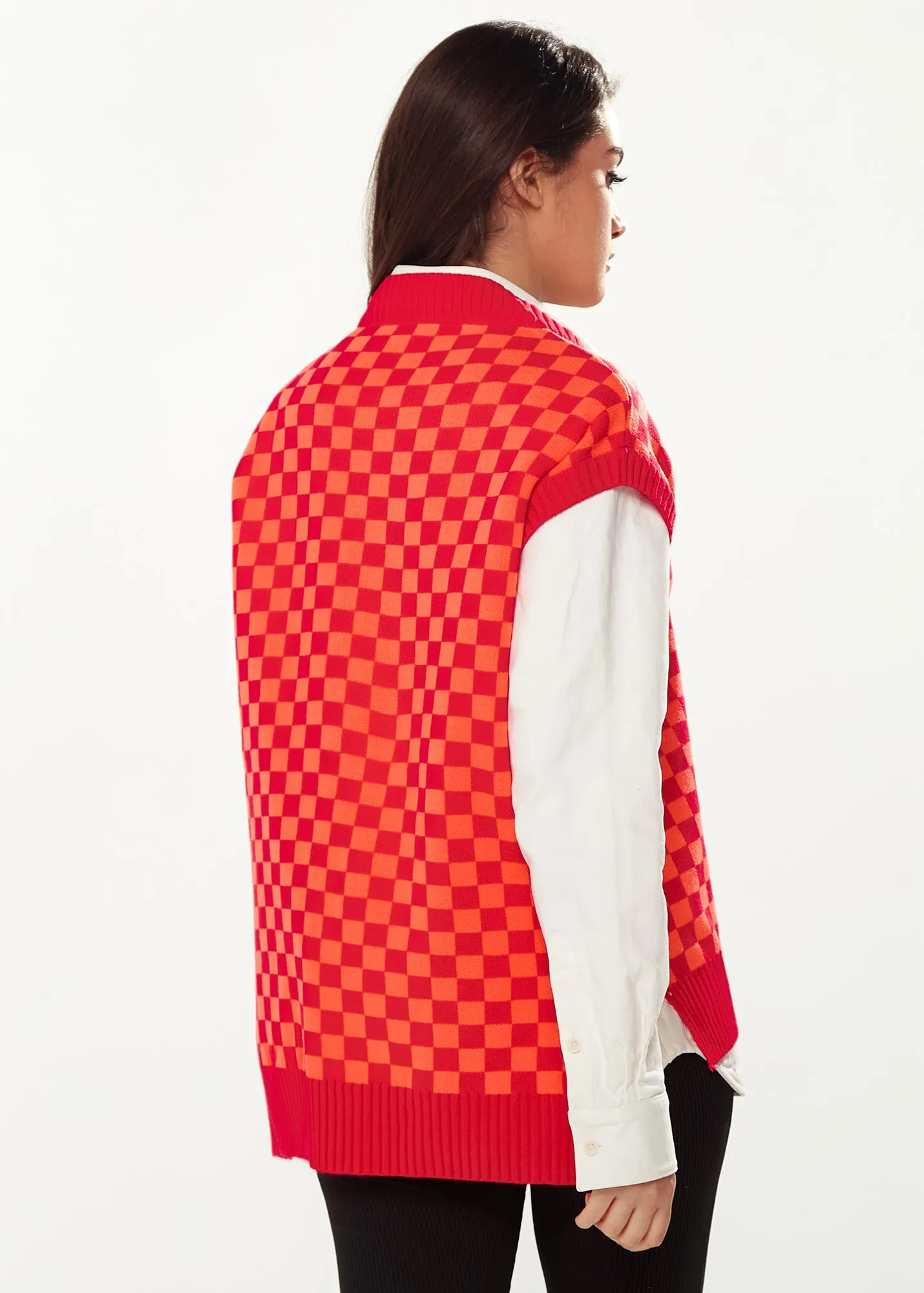 Women's Chequered Knitted Vest in Orange & Red - V-Neck, Side Slits, Regular Fit, Perfect for Sizes 8-14.