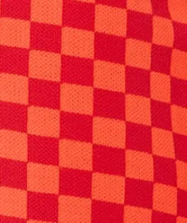 Women's Chequered Knitted Vest in Orange & Red - V-Neck, Side Slits, Regular Fit, Perfect for Sizes 8-14.