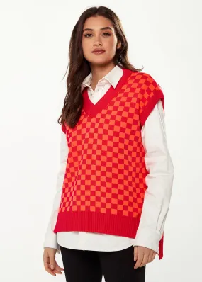 Women's Chequered Knitted Vest in Orange & Red - V-Neck, Side Slits, Regular Fit, Perfect for Sizes 8-14.