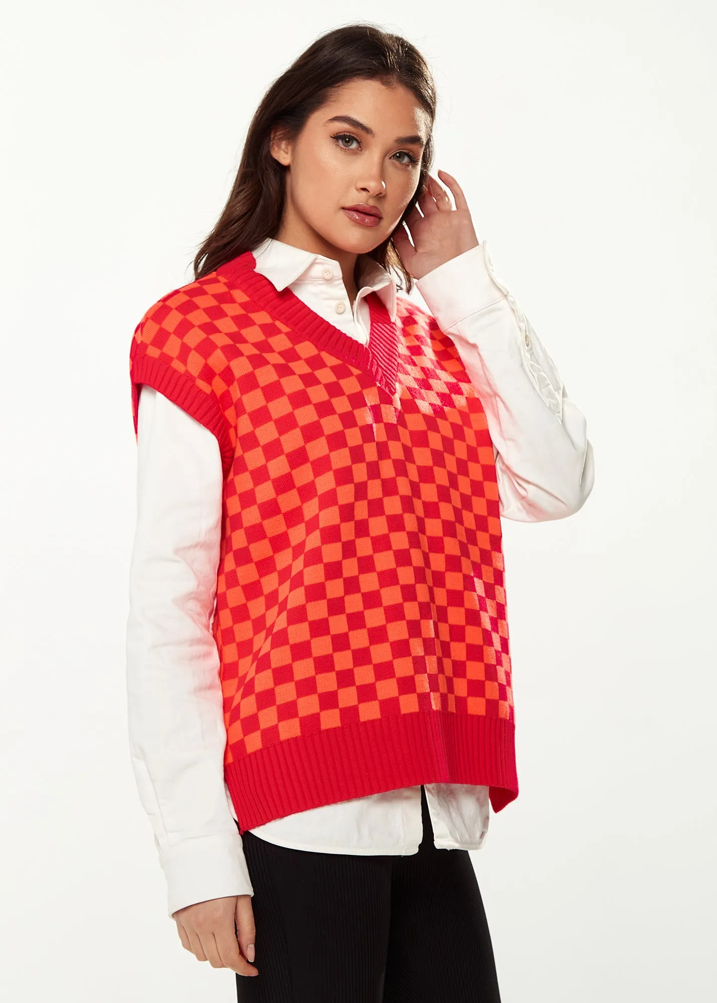 Women's Chequered Knitted Vest in Orange & Red - V-Neck, Side Slits, Regular Fit, Perfect for Sizes 8-14.