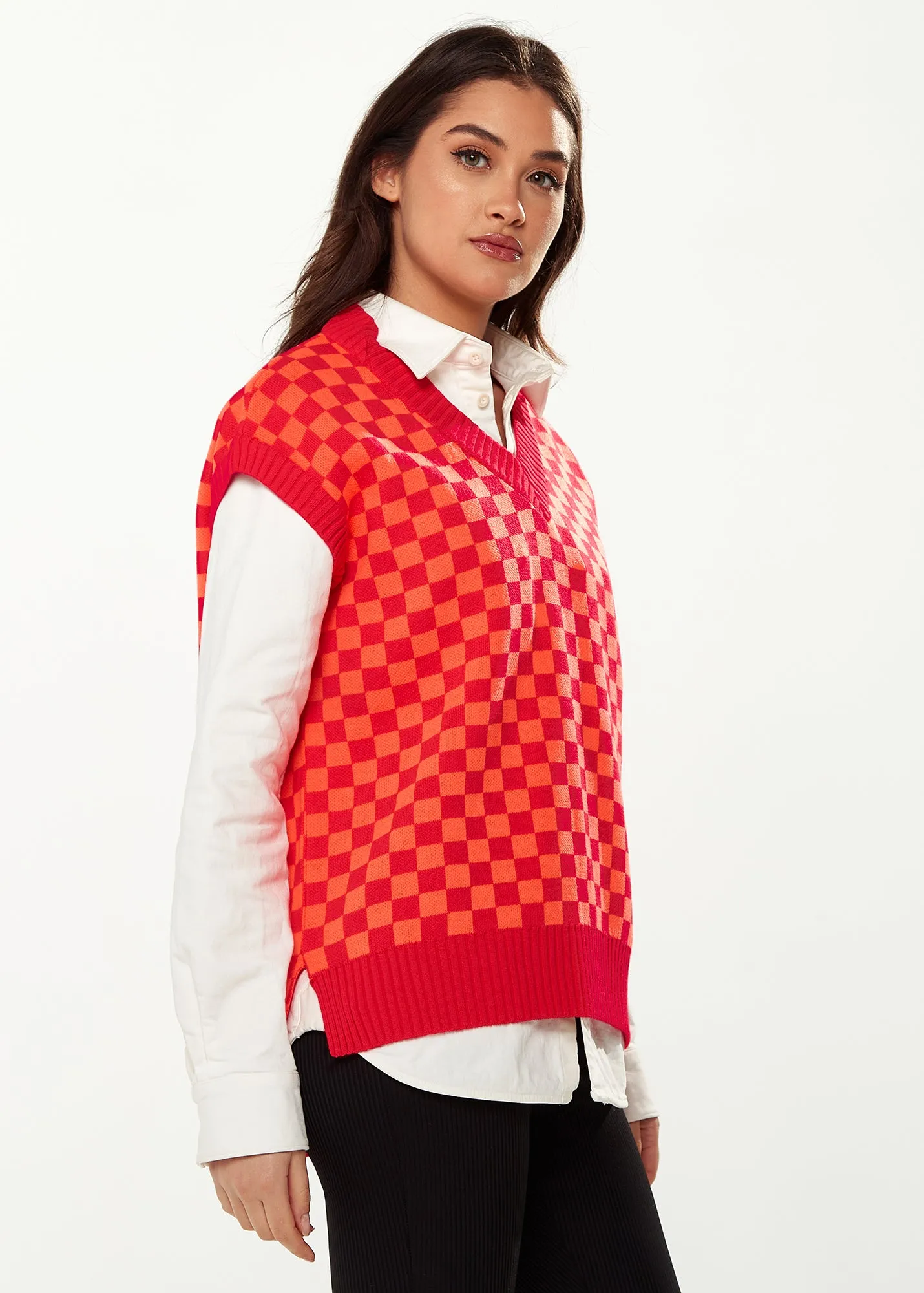 Women's Chequered Knitted Vest in Orange & Red - V-Neck, Side Slits, Regular Fit, Perfect for Sizes 8-14.