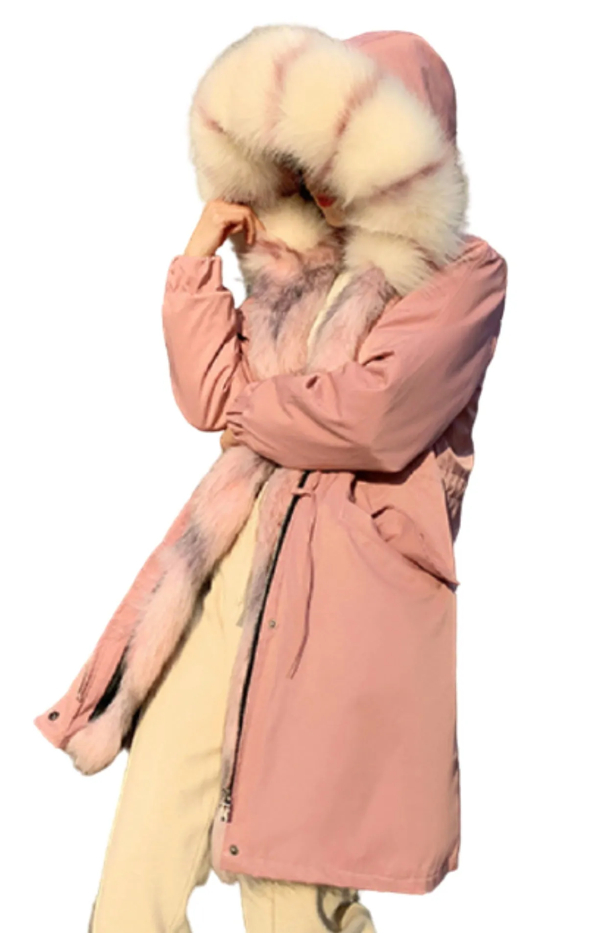 Women's Detachable Faux Racoon Fur Liner Hooded Fur Coat Outwear Winter Long Jacket