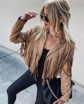 Women's Y2k Fringed Hem Tassel Short Jacket Motorcycle Coat Jacket Faux Suede Leather Jacket 90s Vintage Cool Suede Tassel Coat Tan Black Pink White Champagne Red