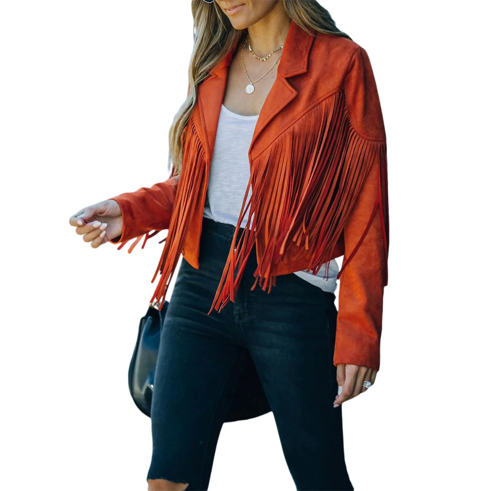 Women's Y2k Fringed Hem Tassel Short Jacket Motorcycle Coat Jacket Faux Suede Leather Jacket 90s Vintage Cool Suede Tassel Coat Tan Black Pink White Champagne Red