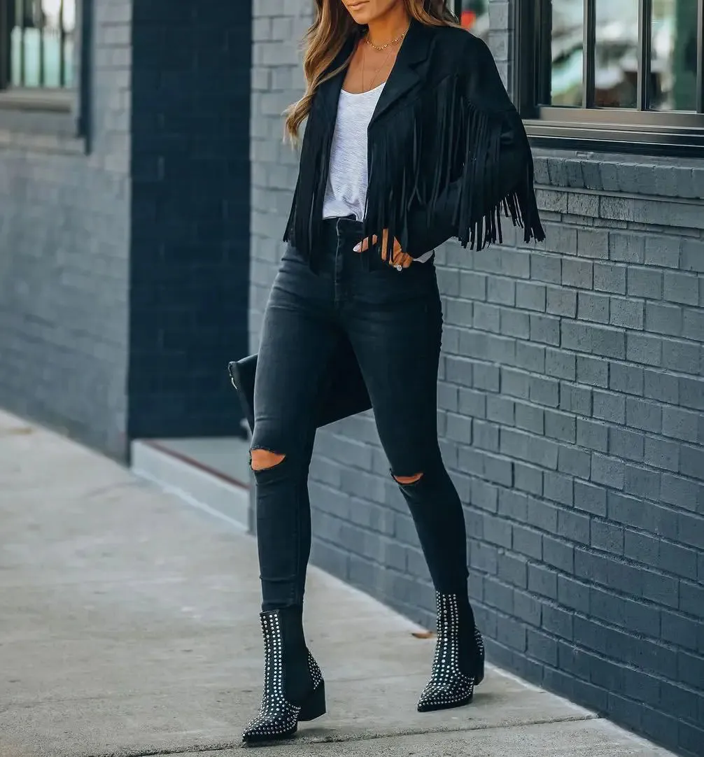 Women's Y2k Fringed Hem Tassel Short Jacket Motorcycle Coat Jacket Faux Suede Leather Jacket 90s Vintage Cool Suede Tassel Coat Tan Black Pink White Champagne Red