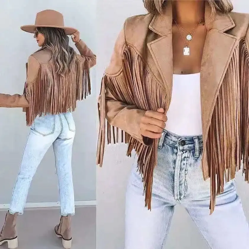 Women's Y2k Fringed Hem Tassel Short Jacket Motorcycle Coat Jacket Faux Suede Leather Jacket 90s Vintage Cool Suede Tassel Coat Tan Black Pink White Champagne Red