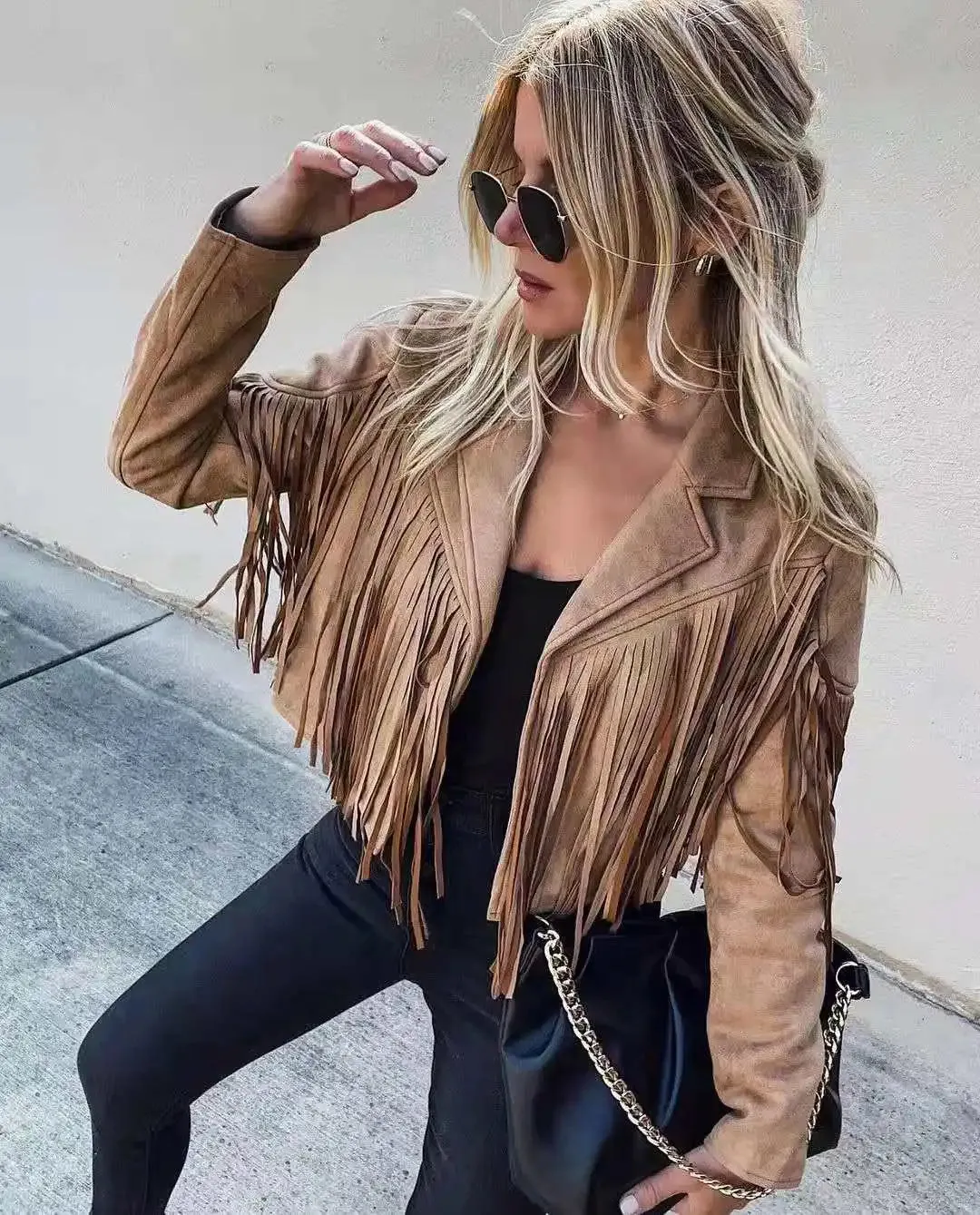 Women's Y2k Fringed Hem Tassel Short Jacket Motorcycle Coat Jacket Faux Suede Leather Jacket 90s Vintage Cool Suede Tassel Coat Tan Black Pink White Champagne Red