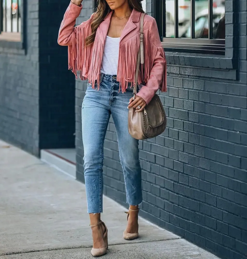 Women's Y2k Fringed Hem Tassel Short Jacket Motorcycle Coat Jacket Faux Suede Leather Jacket 90s Vintage Cool Suede Tassel Coat Tan Black Pink White Champagne Red